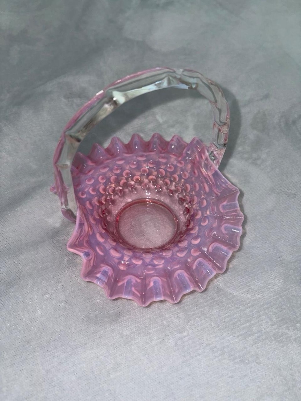 Vintage Fenton opalescent pink cranberry hobnail small glass basket